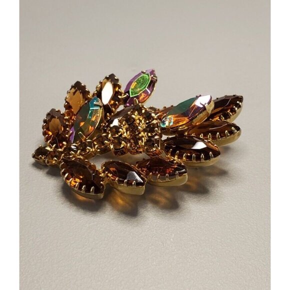 Vintage Brooch Smokey Topaz Amber AB Aurora Borealis Brooch Pin 2.25 Inches - Picture 4 of 10